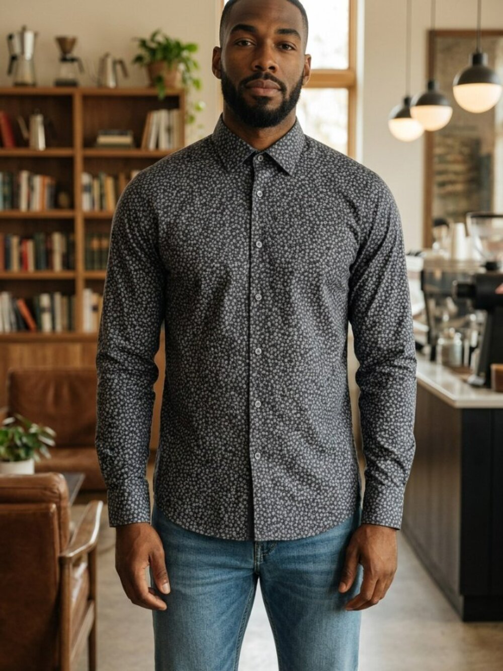 Denim & Flower Men’s Slim Fit Long Sleeve Floral Print Button-Up Shirt Large